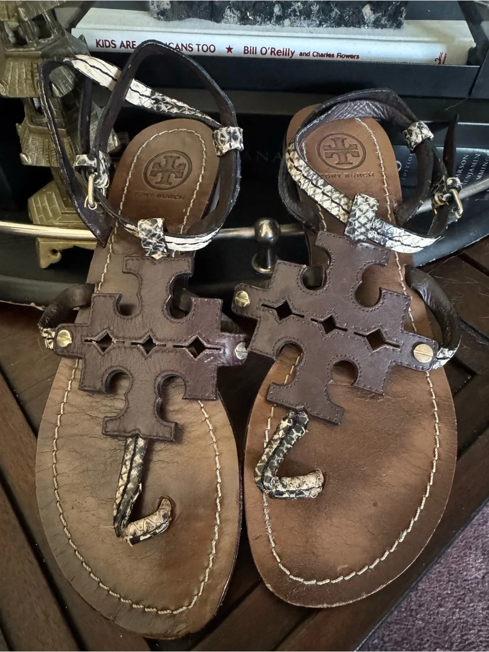 Tory Burch Brown Leather Logo T-Strap Sandals with Snake-Print Trim